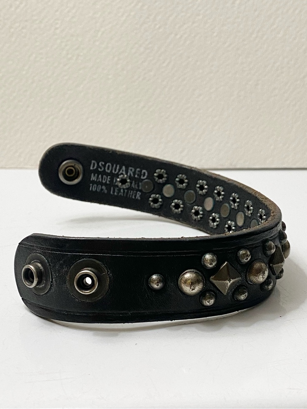 Authentic DSQUARED rock & roll y2k Black Leather Studded Snap Bracelet